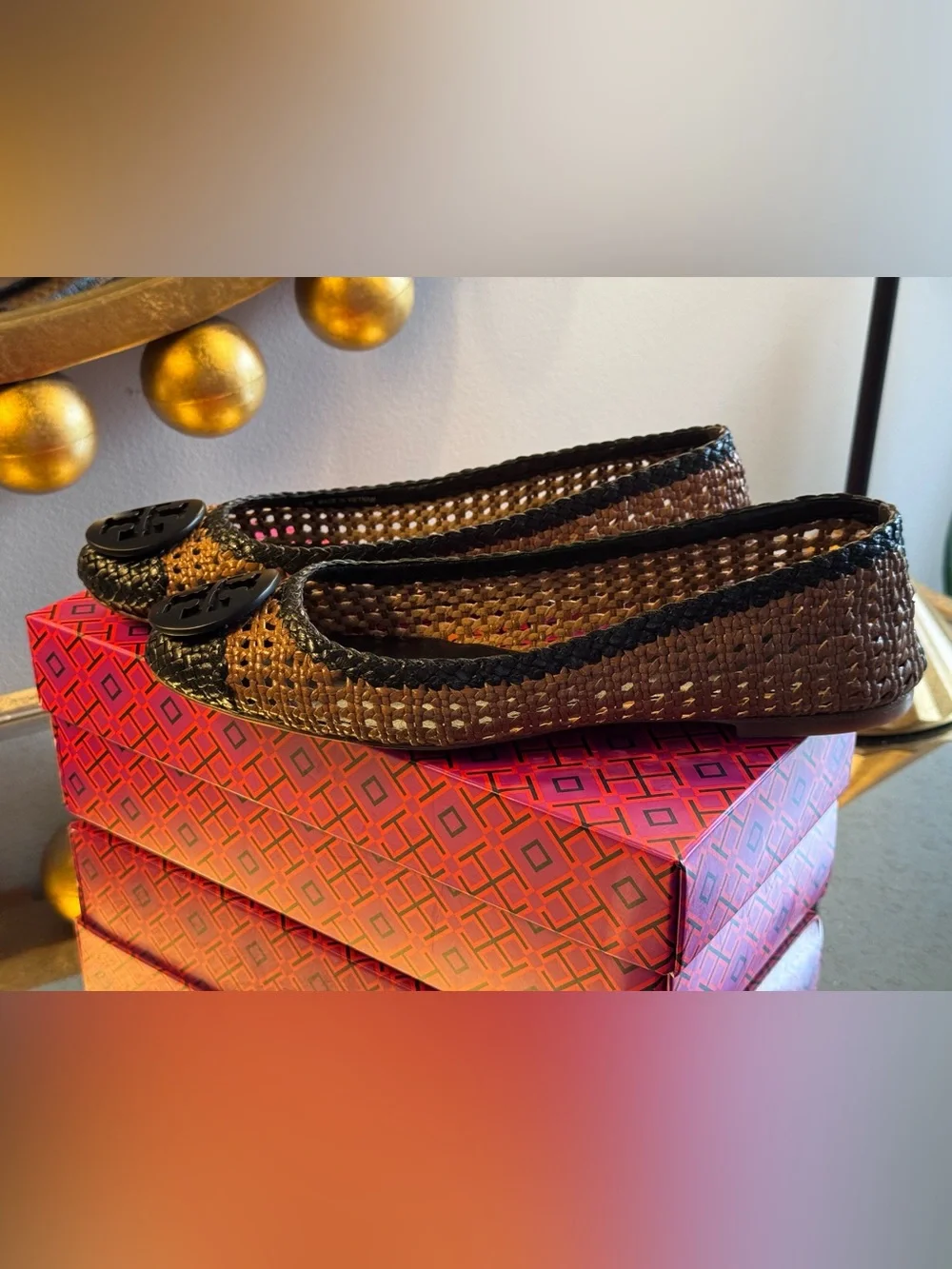 Tory Burch Tan and Black Woven Logo Ballet Flats - Size 9.5